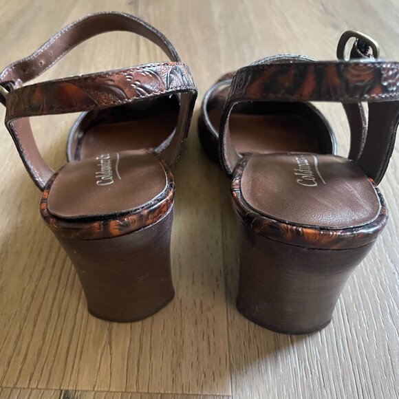 Coldwater Creek Tooled Leather Wedge Sandals 7M Brown Ankle Strap Peep Toe! - Picture 9 of 9